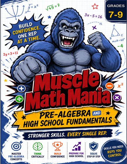 Muscle Math Mania pre-algebra workbook for grades 7 to 9
