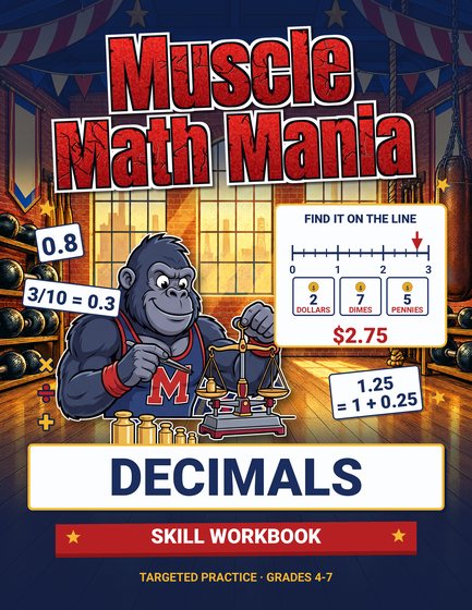 Muscle Math Mania Decimals workbook cover, grades 4–7