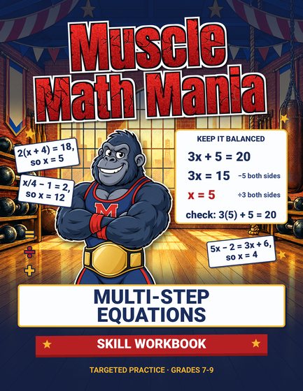 Muscle Math Mania Multi-Step Equations workbook cover, grades 7–9