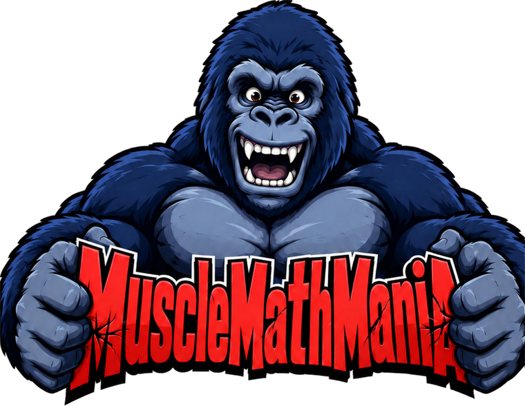 The Muscle Math Mania gorilla mascot gripping the logo