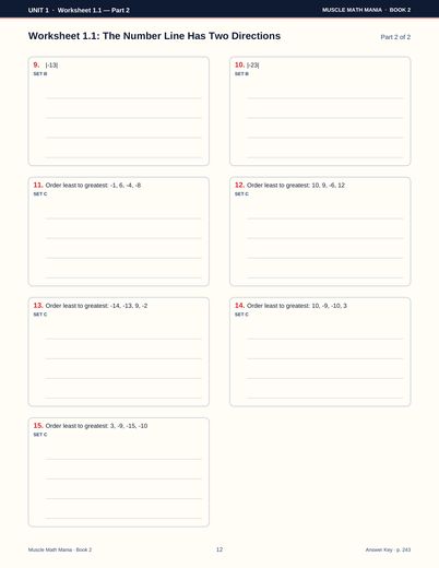 A sample practice worksheet from a Muscle Math Mania workbook