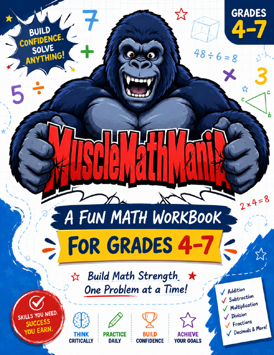 MuscleMathMania — A Fun Math Workbook for Grades 4-7, featuring the gorilla mascot surrounded by math symbols