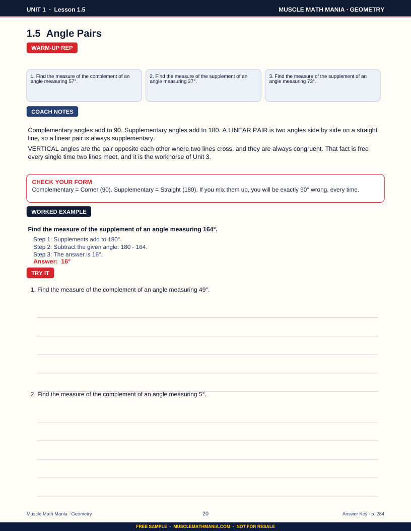Lesson page from the free sample of The Geometry Workbook