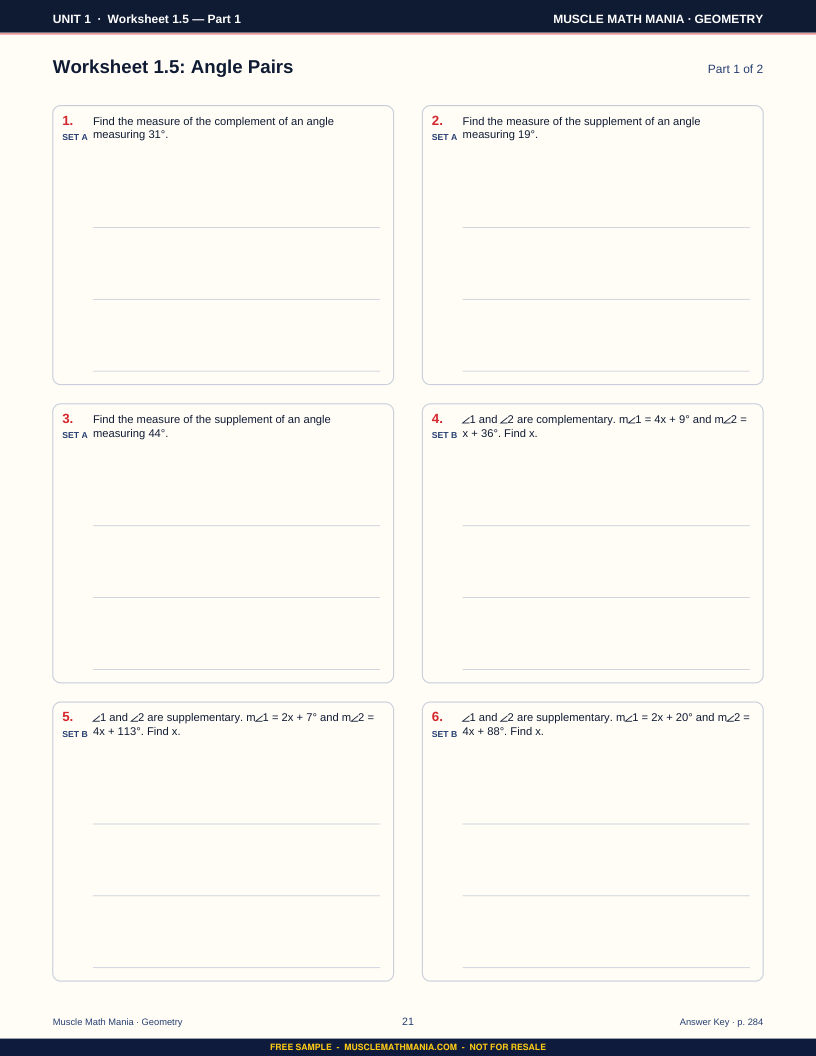 Practice worksheet from the free sample of The Geometry Workbook