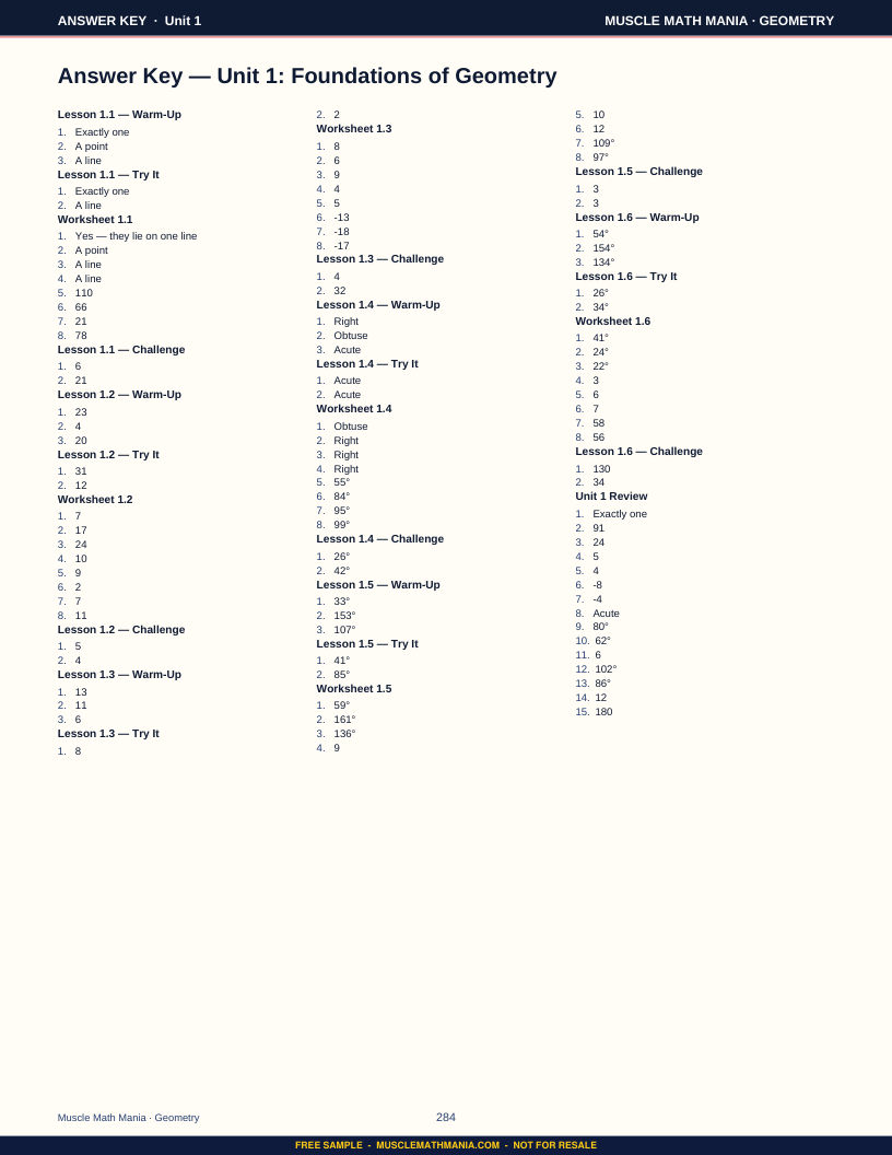 Answer key page from the free sample of The Geometry Workbook
