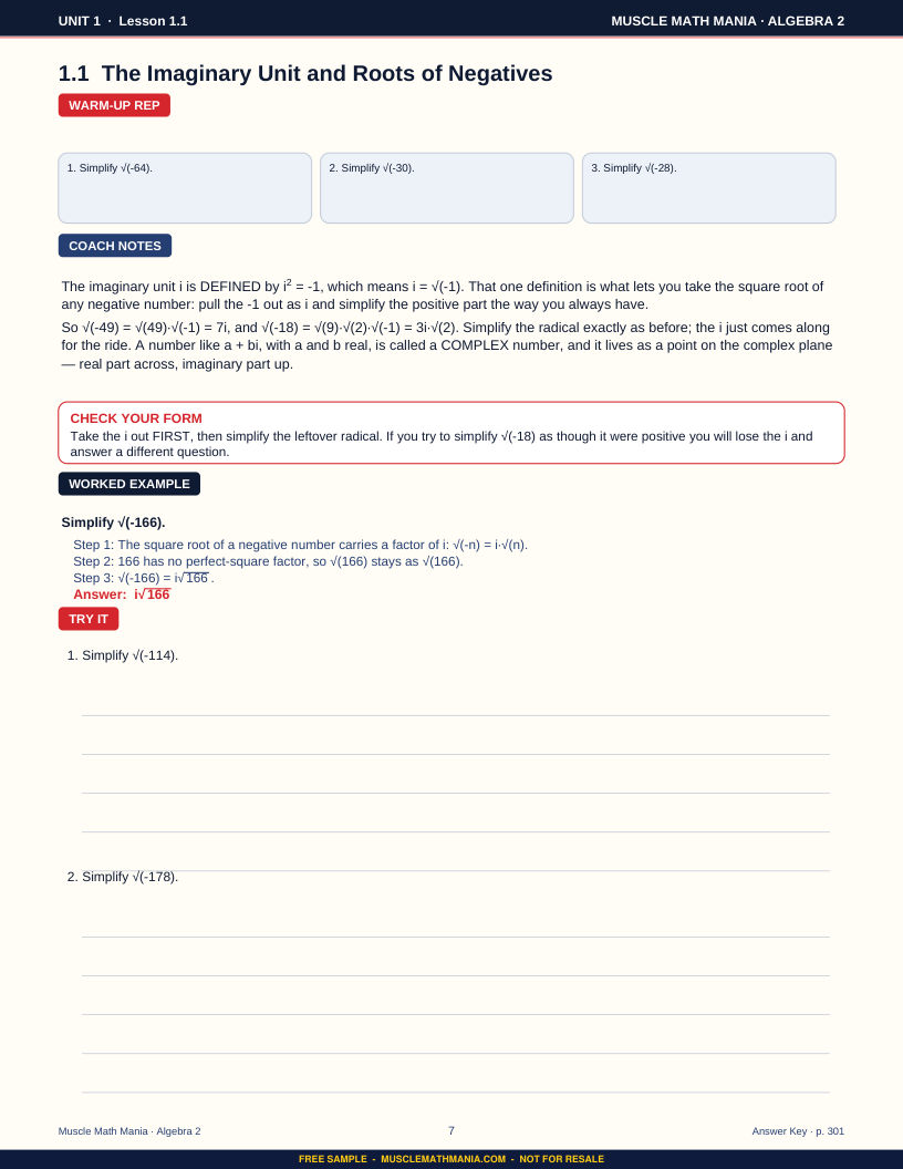 Lesson page from the free sample of The Algebra 2 Workbook