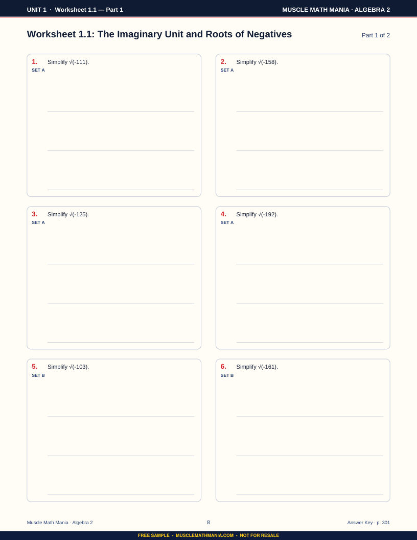 Practice worksheet from the free sample of The Algebra 2 Workbook