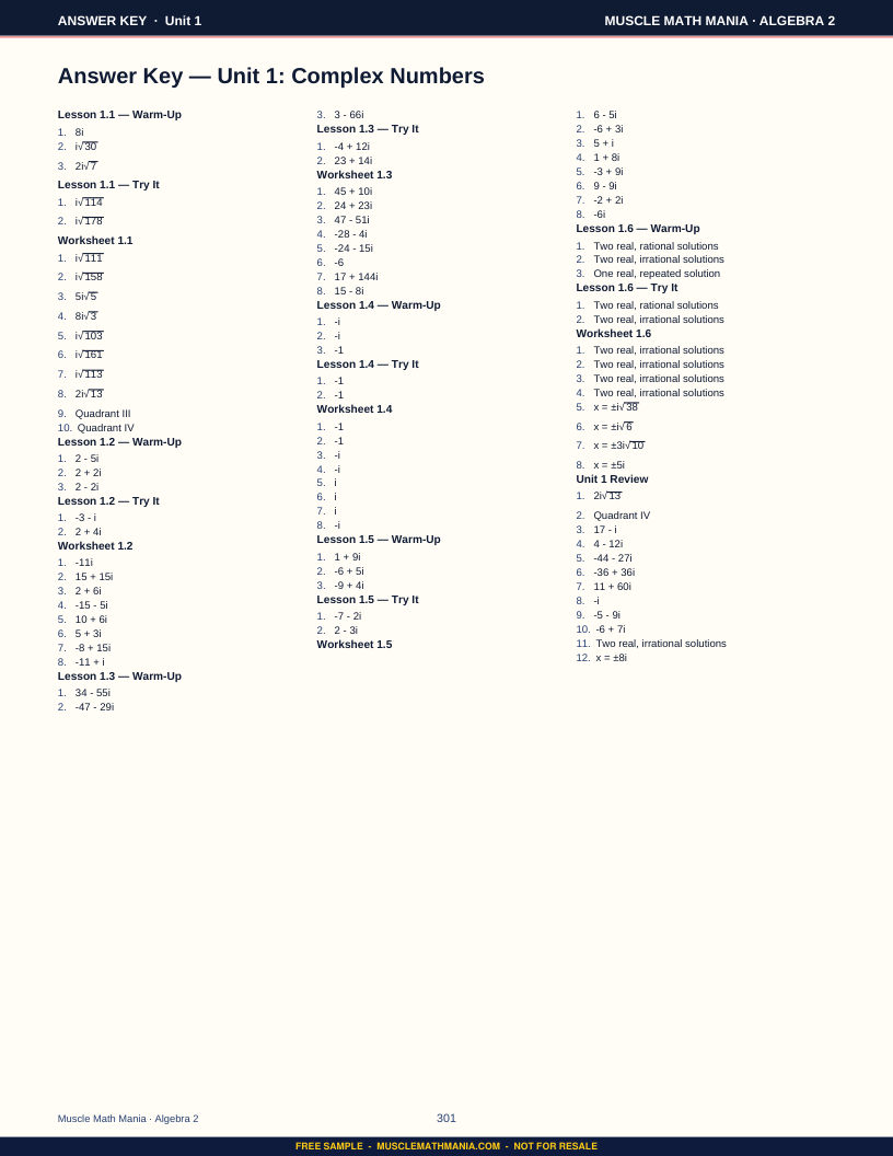 Answer key page from the free sample of The Algebra 2 Workbook