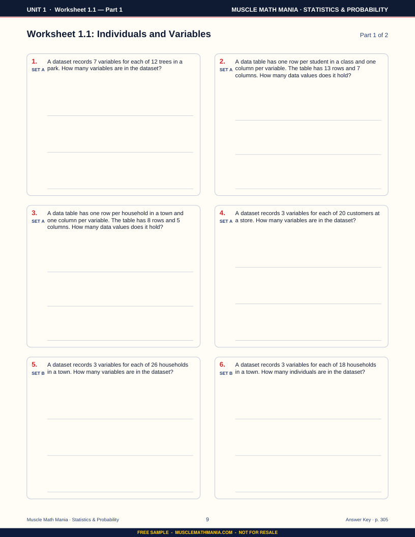 Practice worksheet from the free sample of The Statistics & Probability Workbook